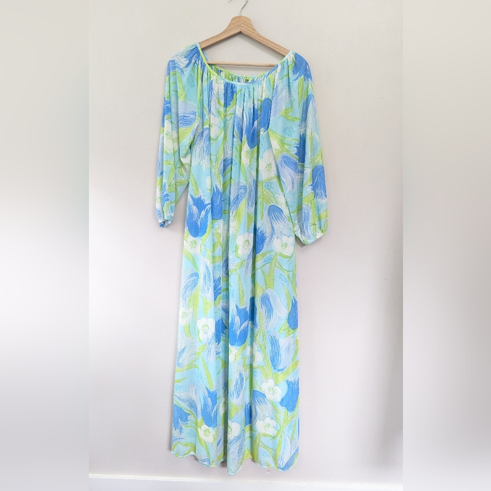 Vintage 70s Floral Mumu House Dress Lime Green Blue Lounge Maxi‎
